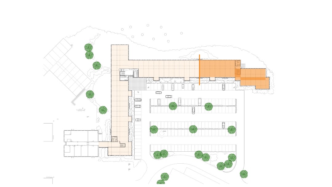 architectural site plan with parking and trees
