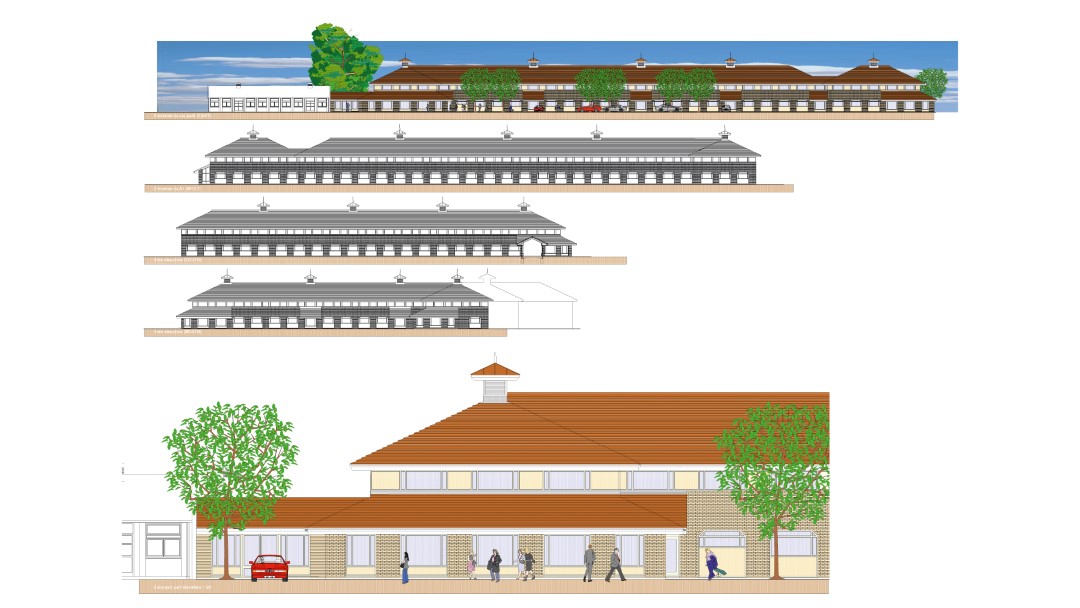 architectural drawings of a low rise building with trees and