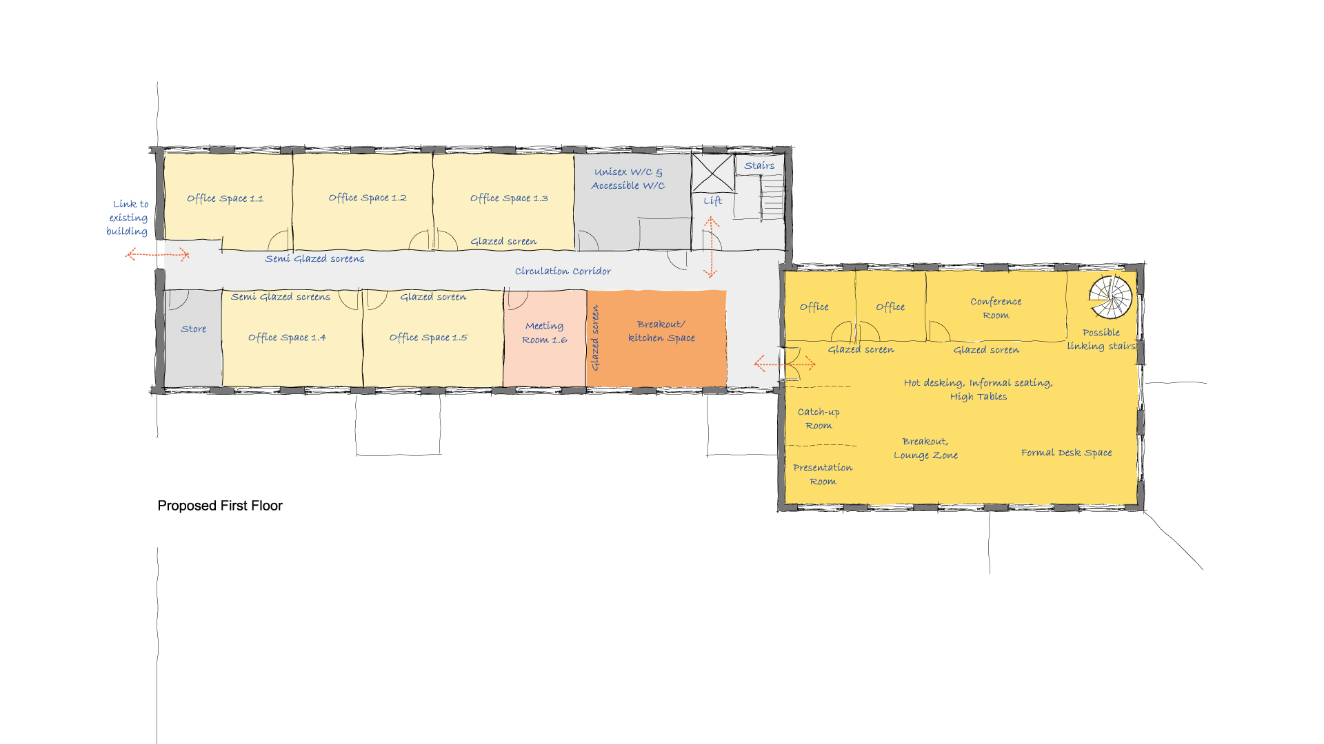 office floor plan with meeting breakout kitchen spaces