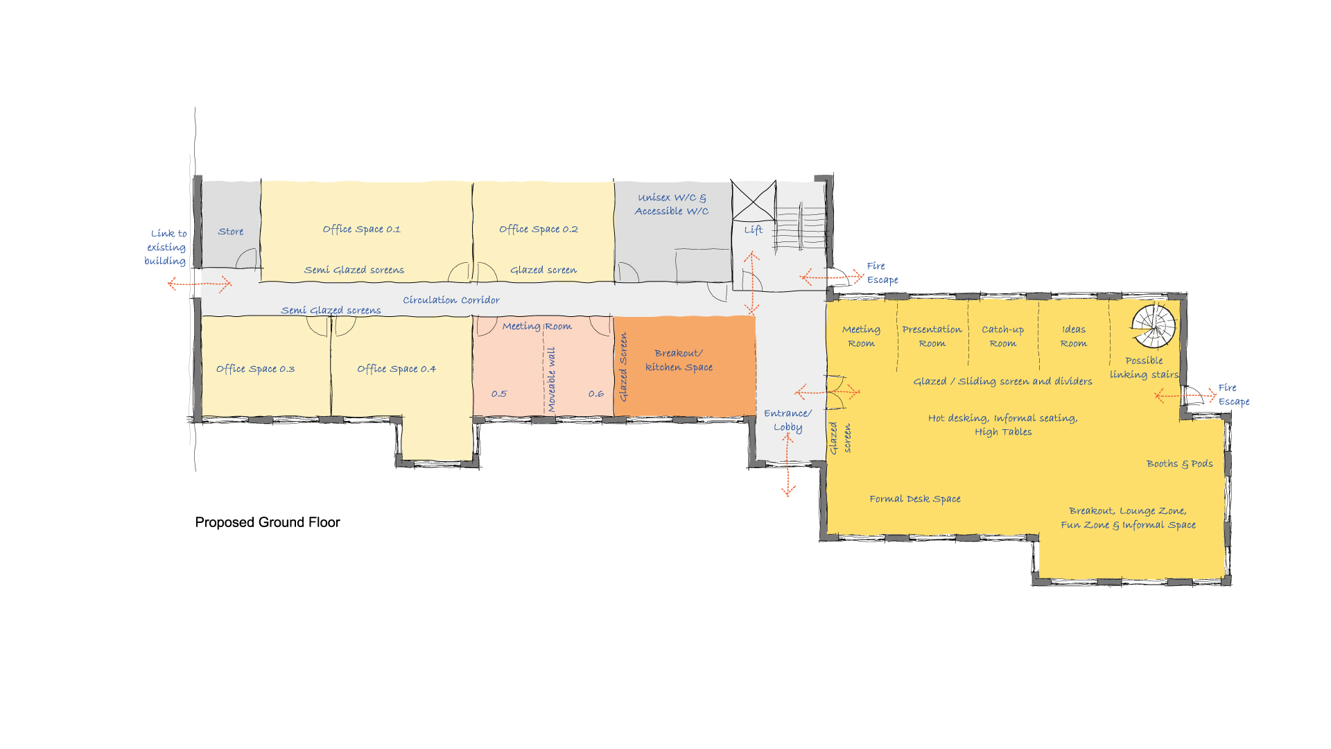 office floor plan with rooms and corridors labeled