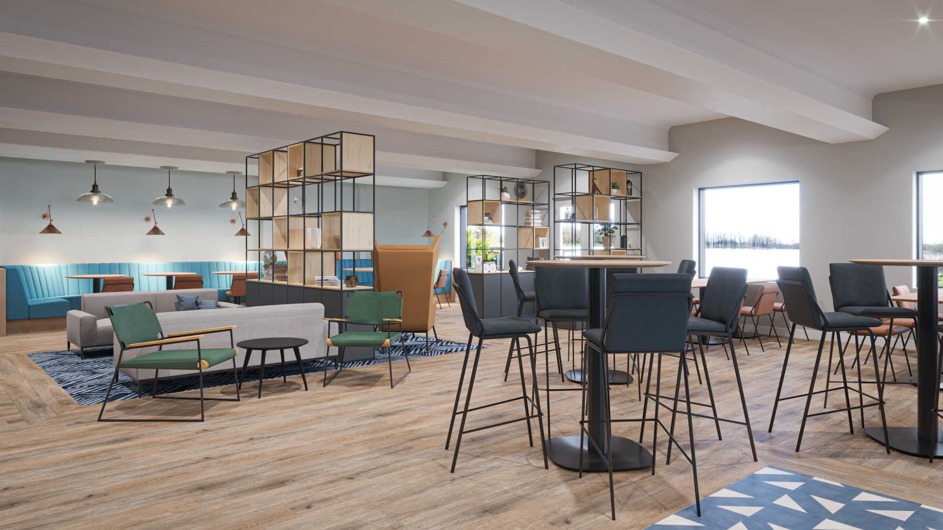 modern open plan room with chairs tables and windows