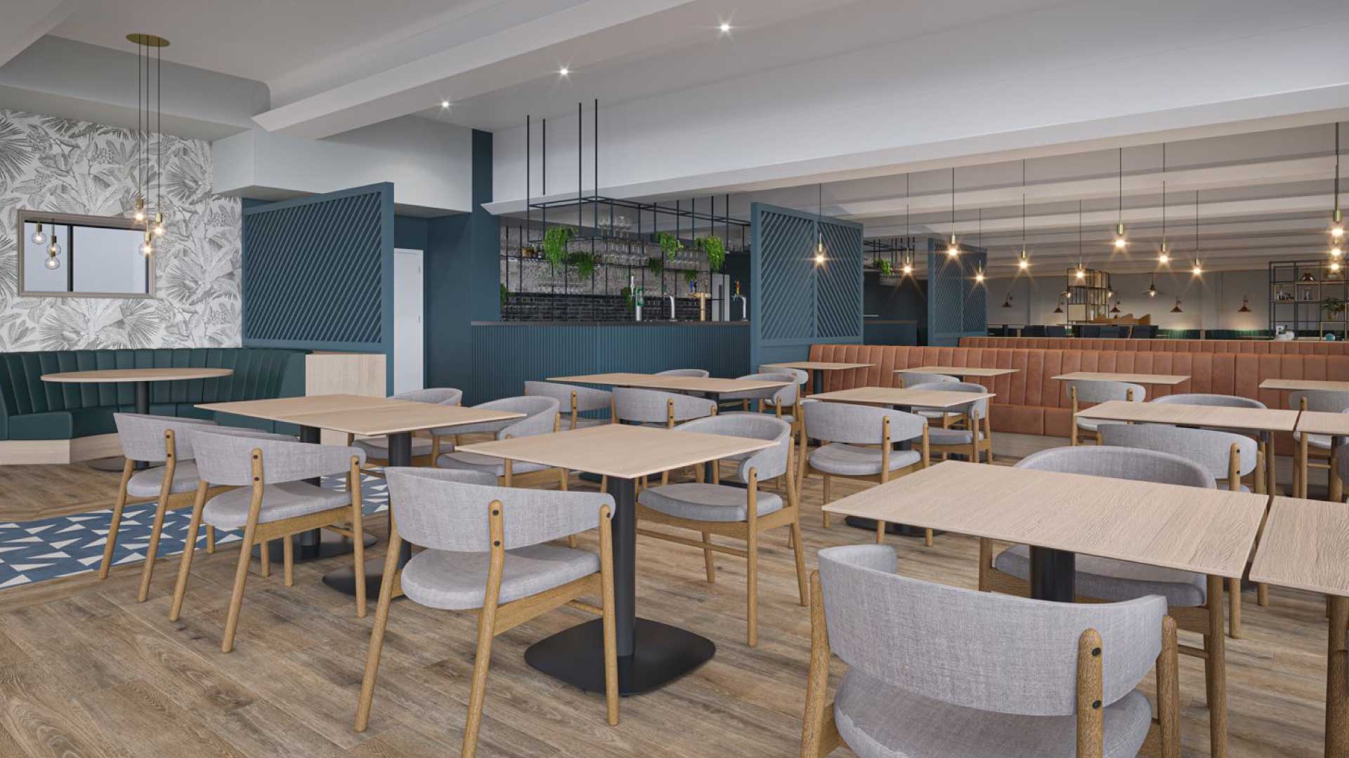 empty modern restaurant with wooden tables and chairs