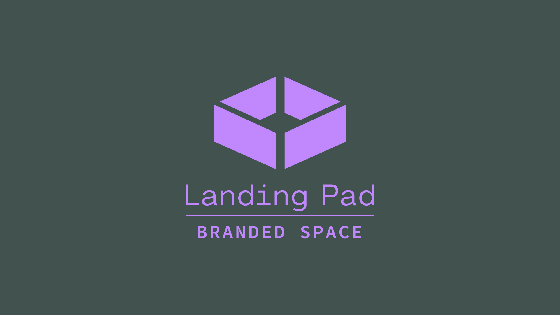 purple hexagon logo above landing pad branded space text