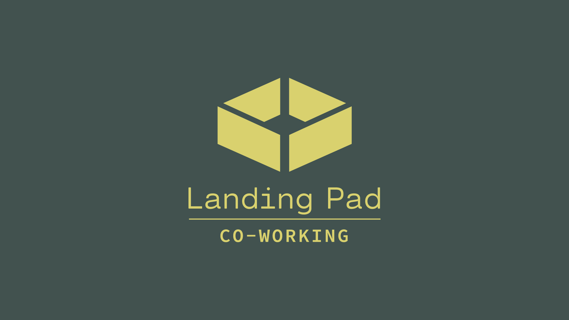 yellow geometric logo above landing pad co working text