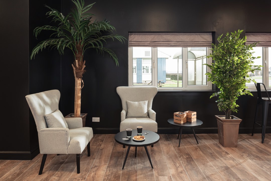 modern lounge with beige chairs black tables and plants