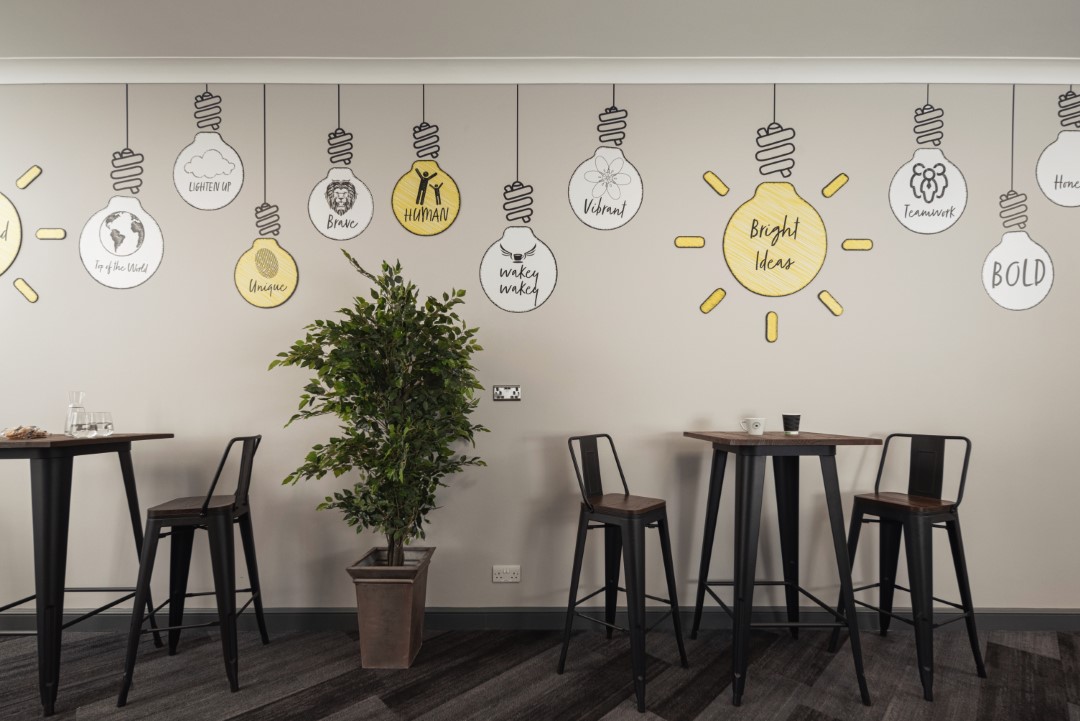 office break area with high chairs and motivational light bulbs
