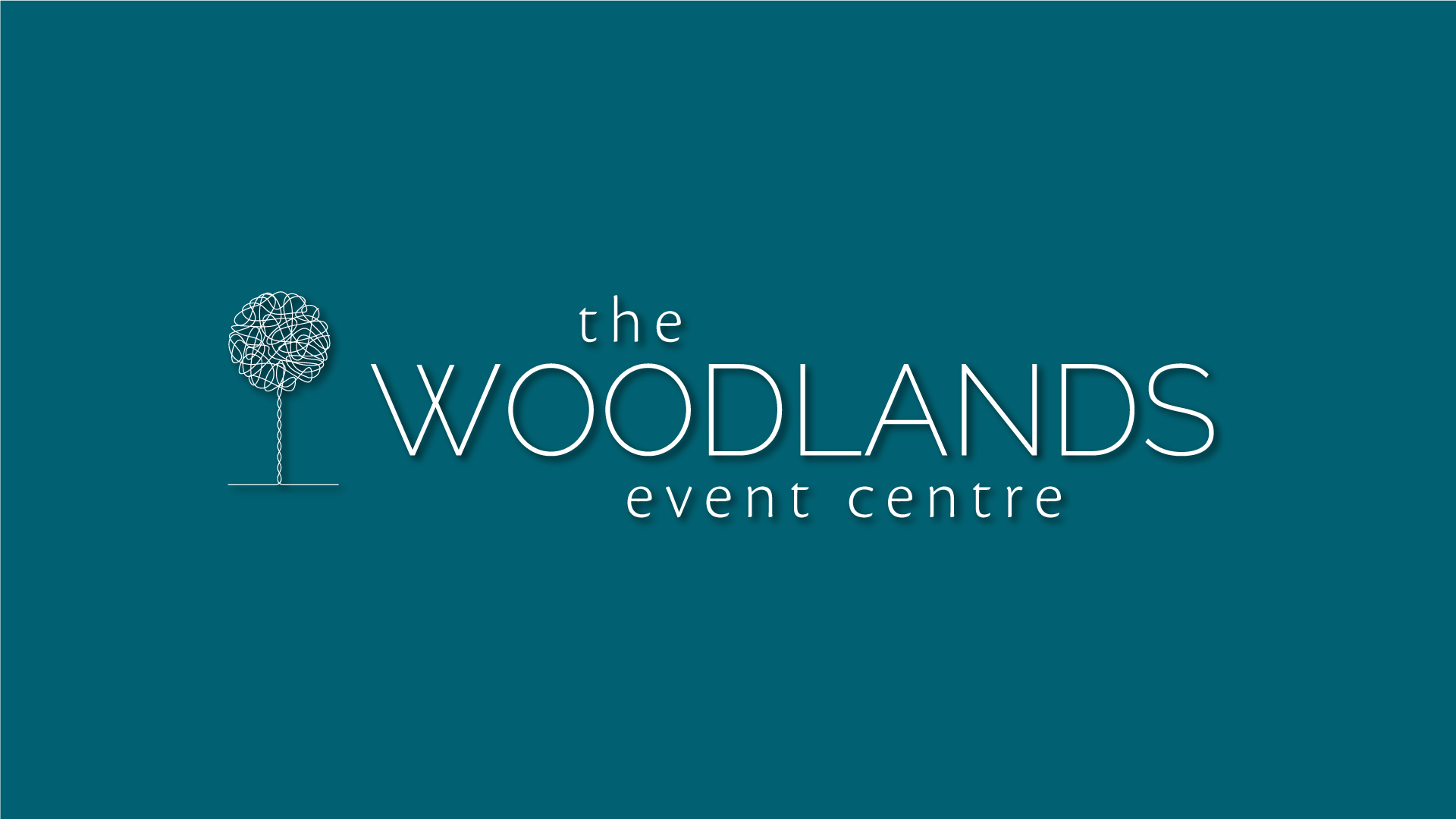 logo for woodland event centre with tree icon on blue