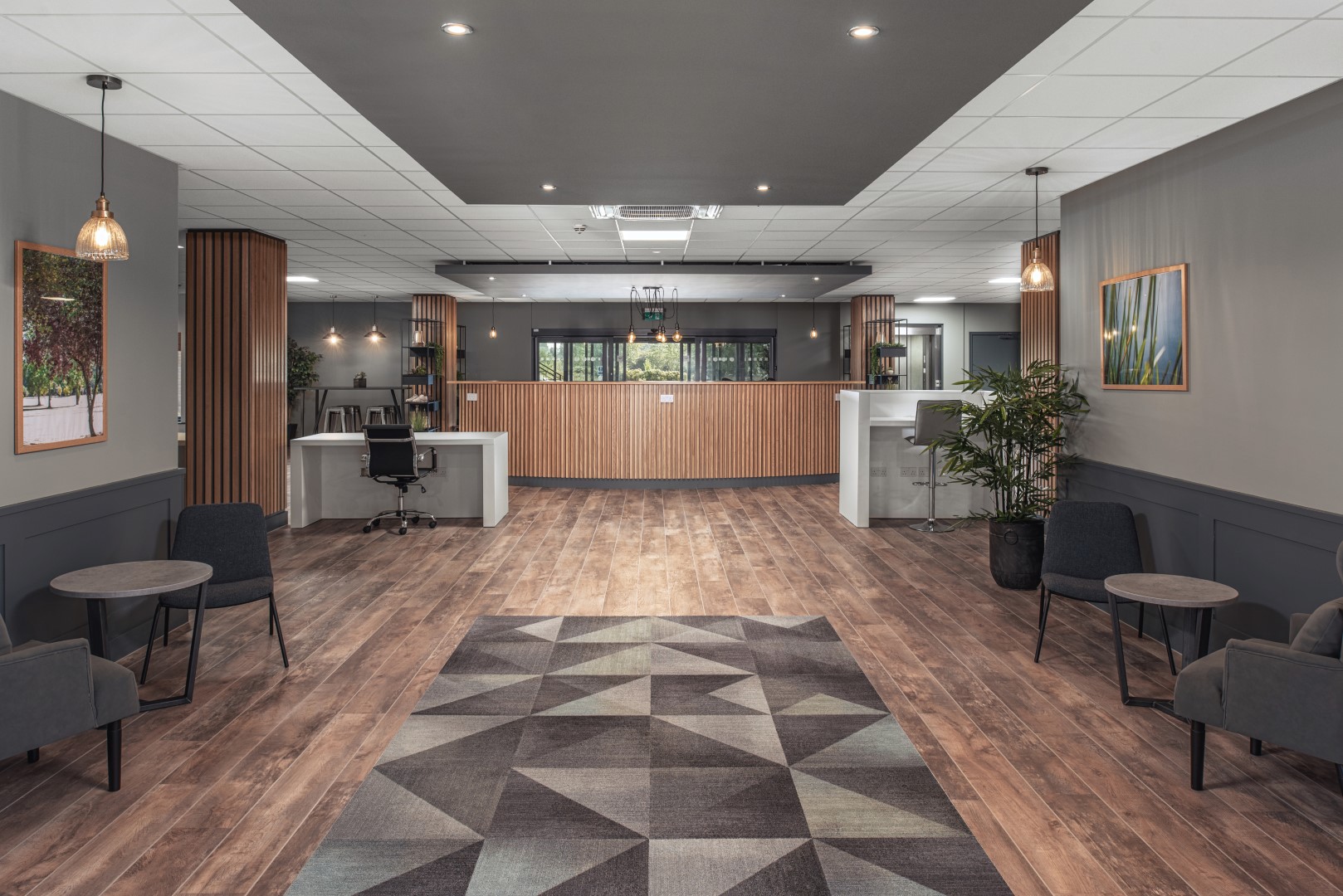 modern office reception area with wooden flooring