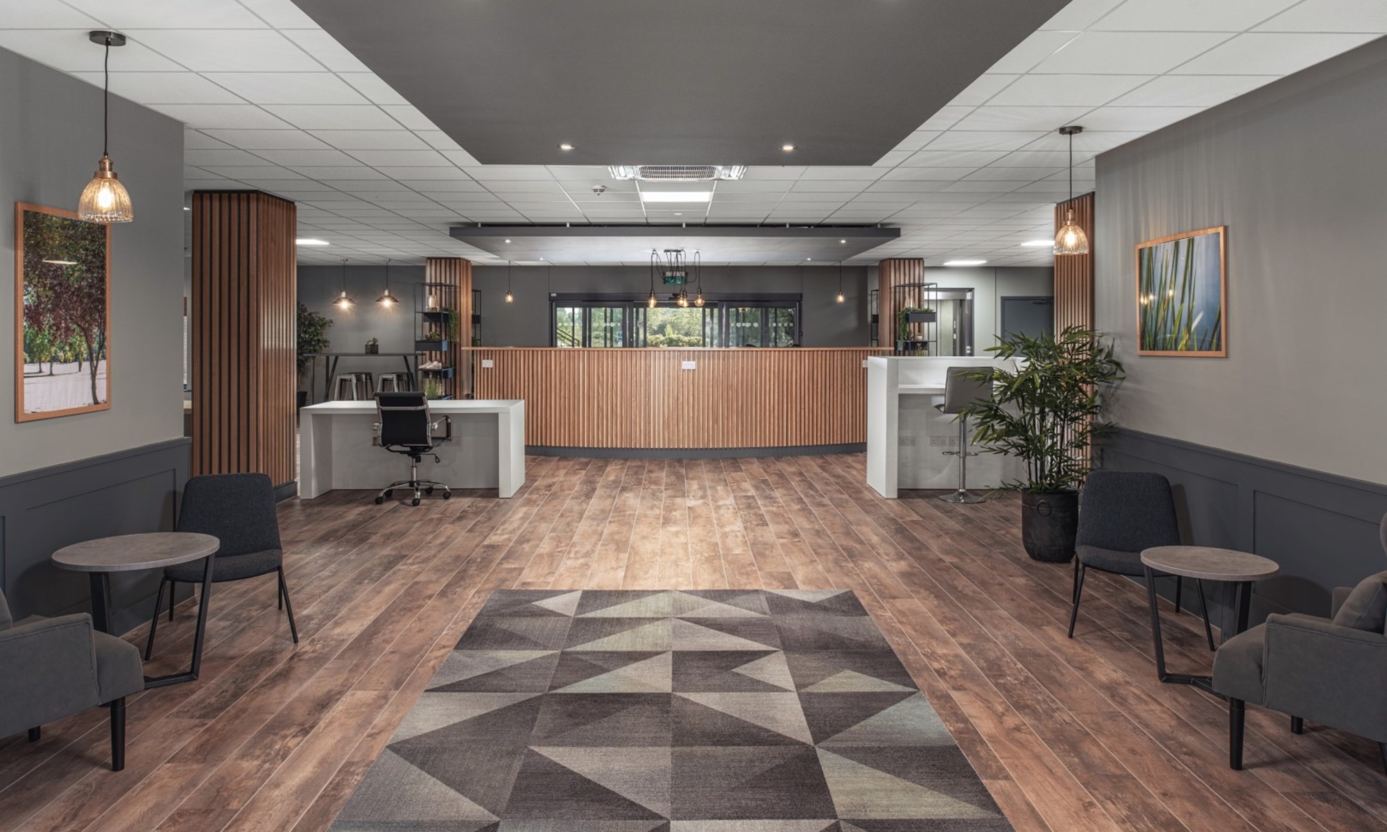 modern office reception area with wooden flooring