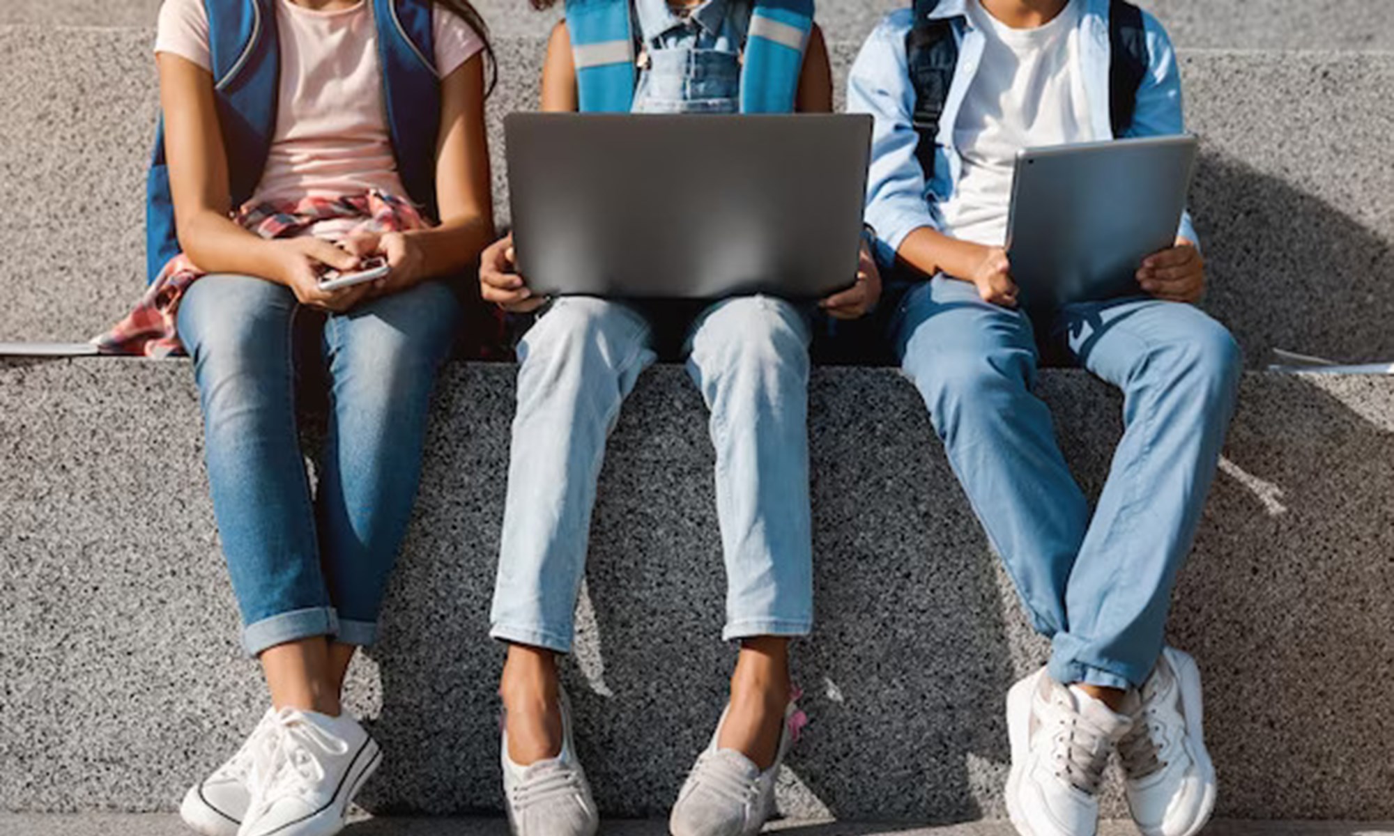 Cropped Image School Kids Sitting Using Digital Devices Outdoors Street 650366 3264