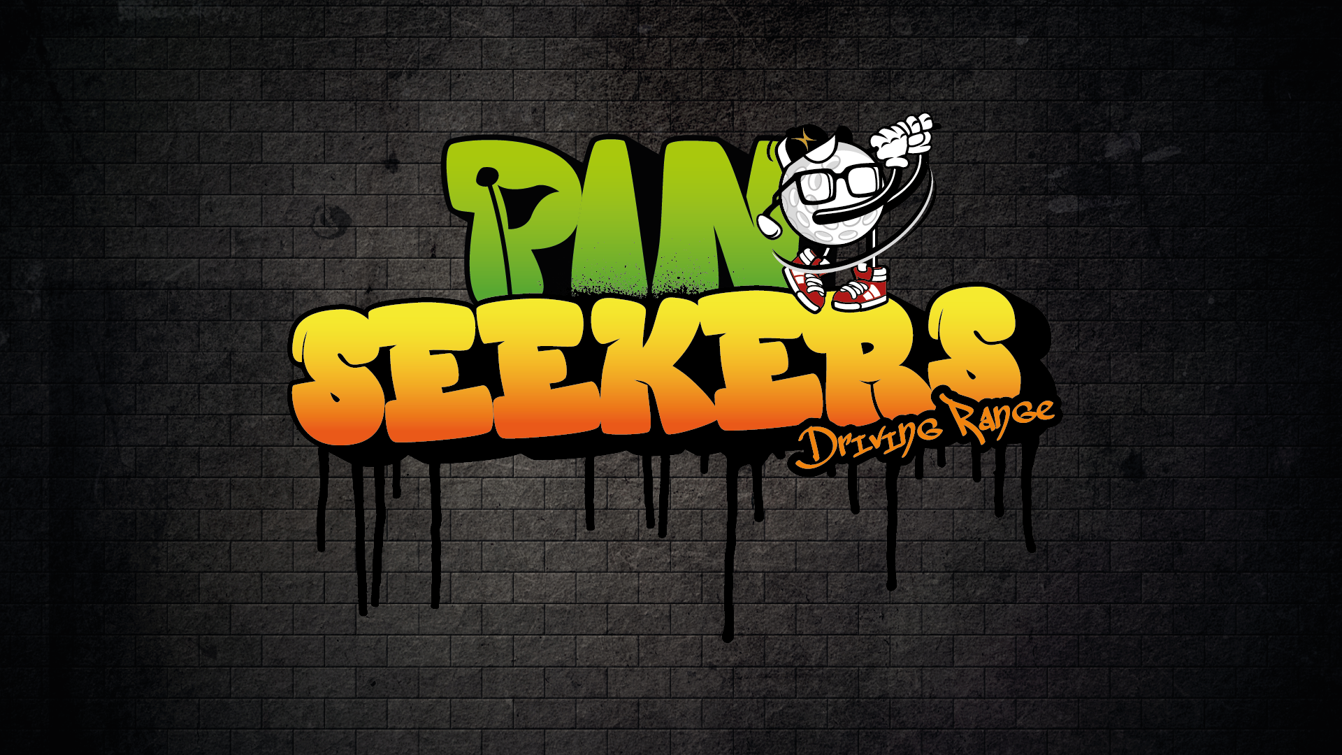 pan seekers driving range logo with cartoon golf ball character