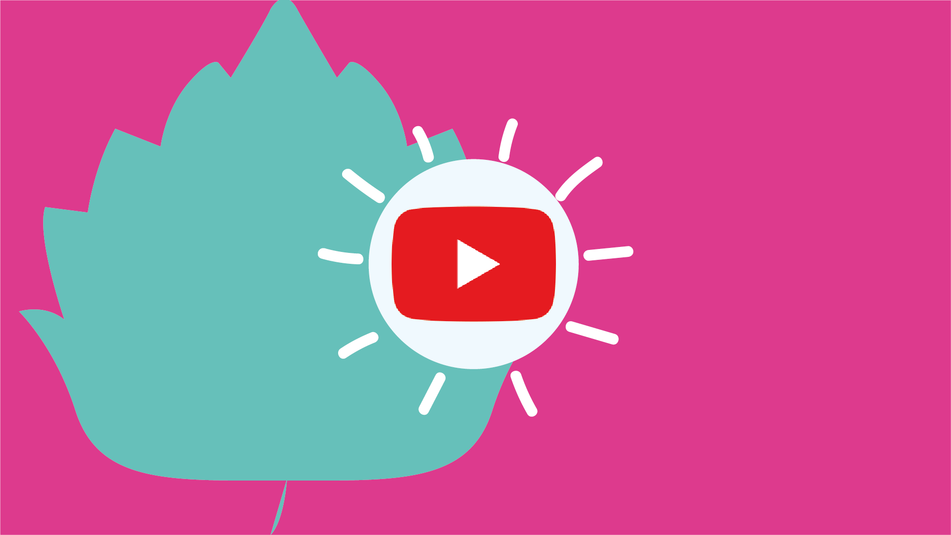 red play button with rays on turquoise leaf pink background