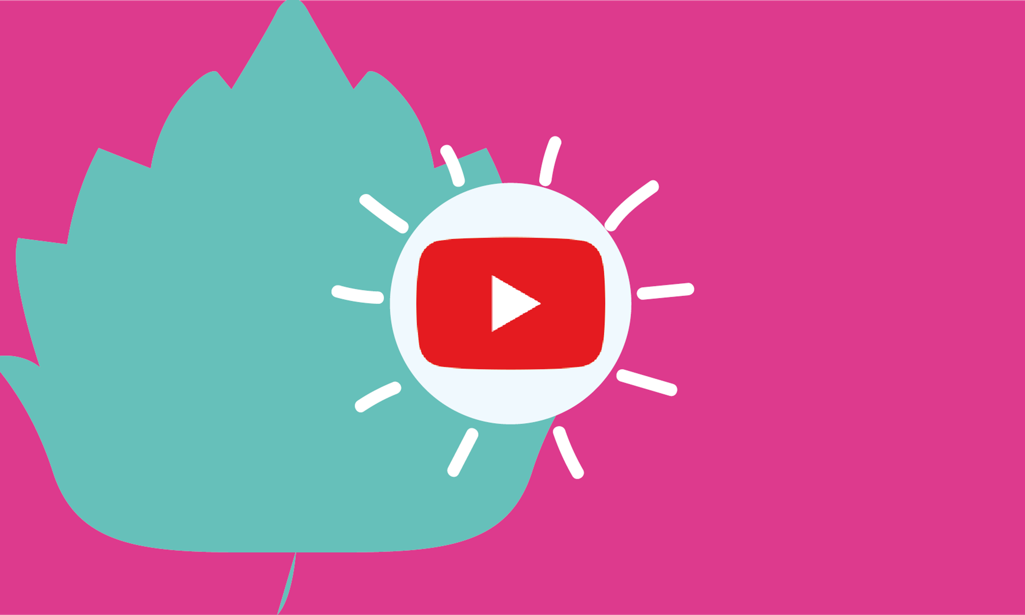 red play button with rays on turquoise leaf pink background