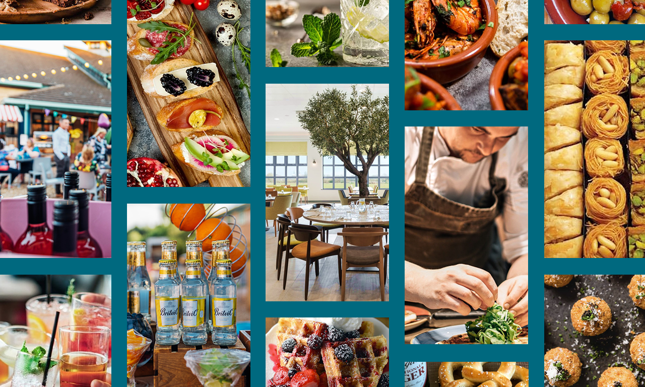 collage of food drinks restaurant and chef preparing meal