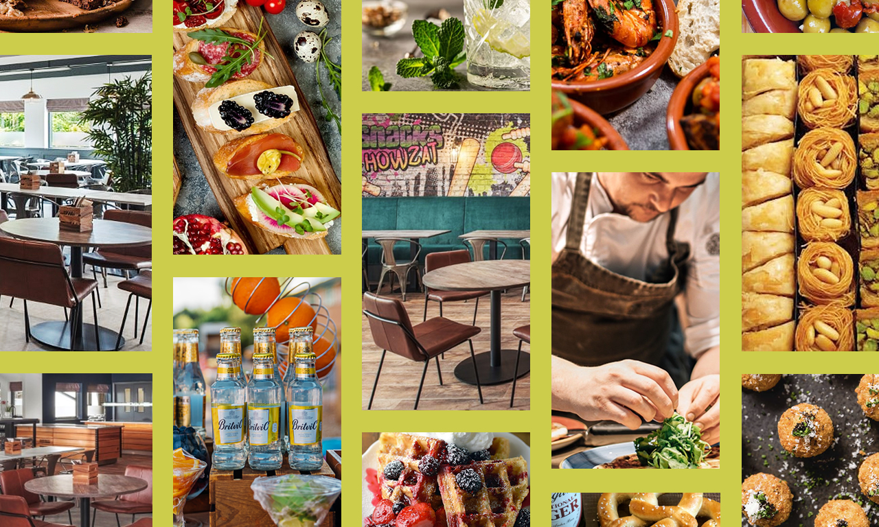 collage of restaurant interiors dishes and a chef preparing food