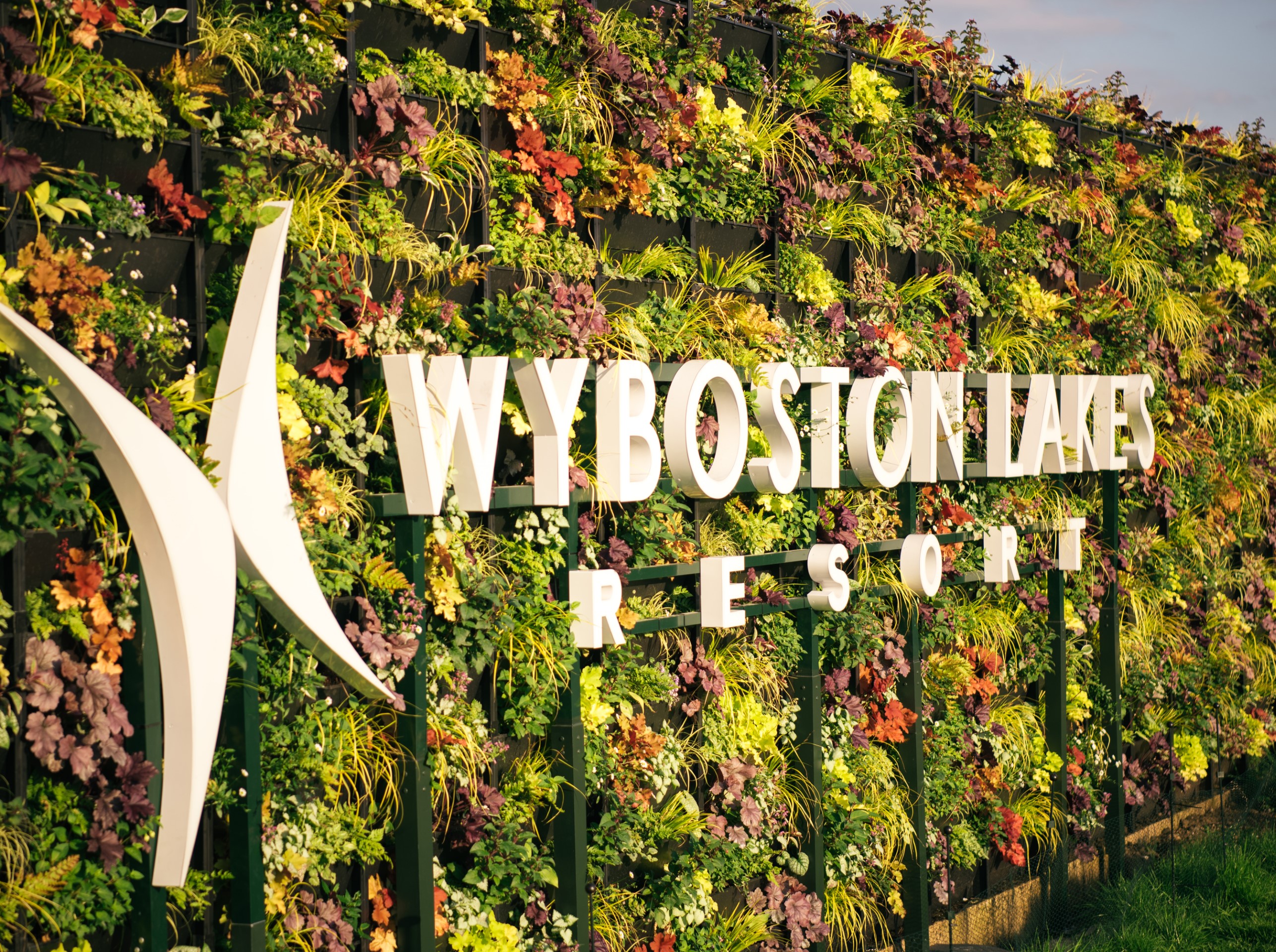 vertical garden wall with white letters and green red plants