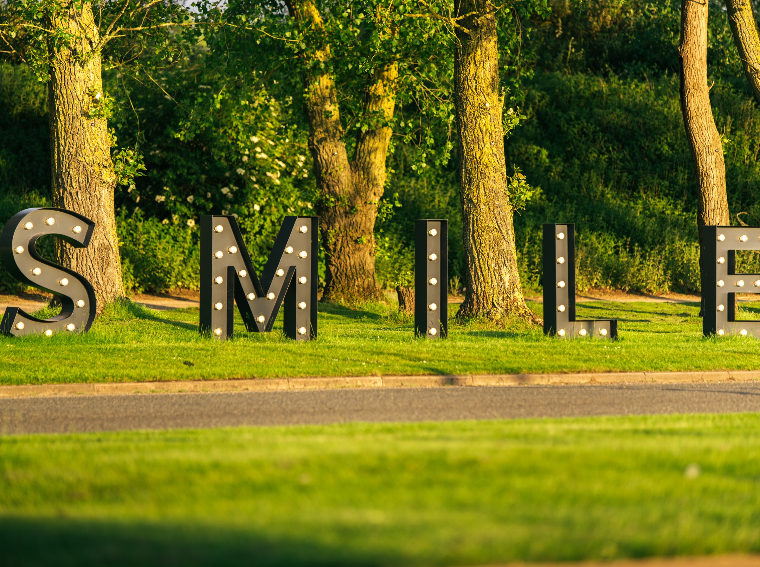 large illuminated letters spelling smile on grass