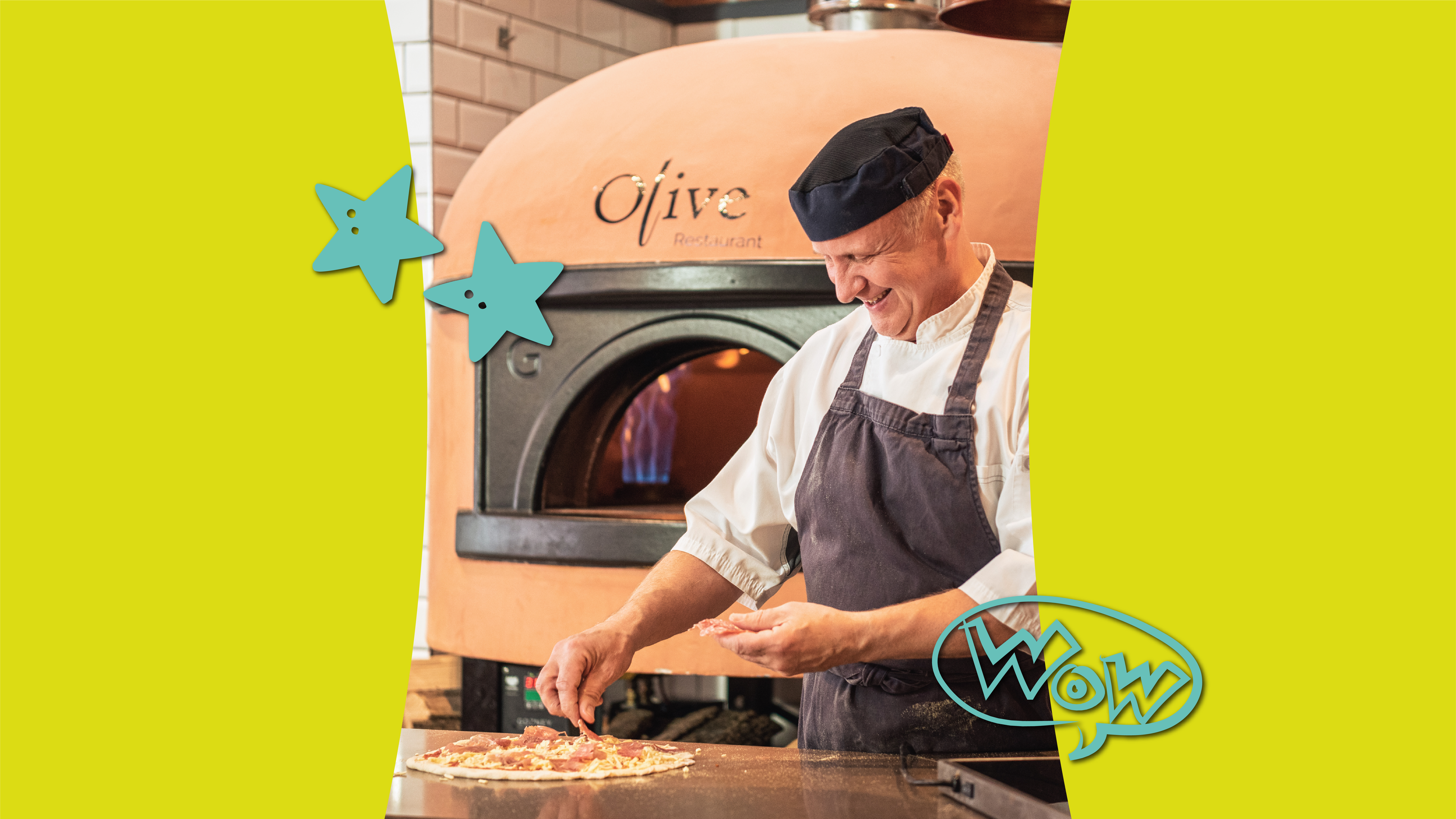 chef preparing pizza near brick oven with wow text