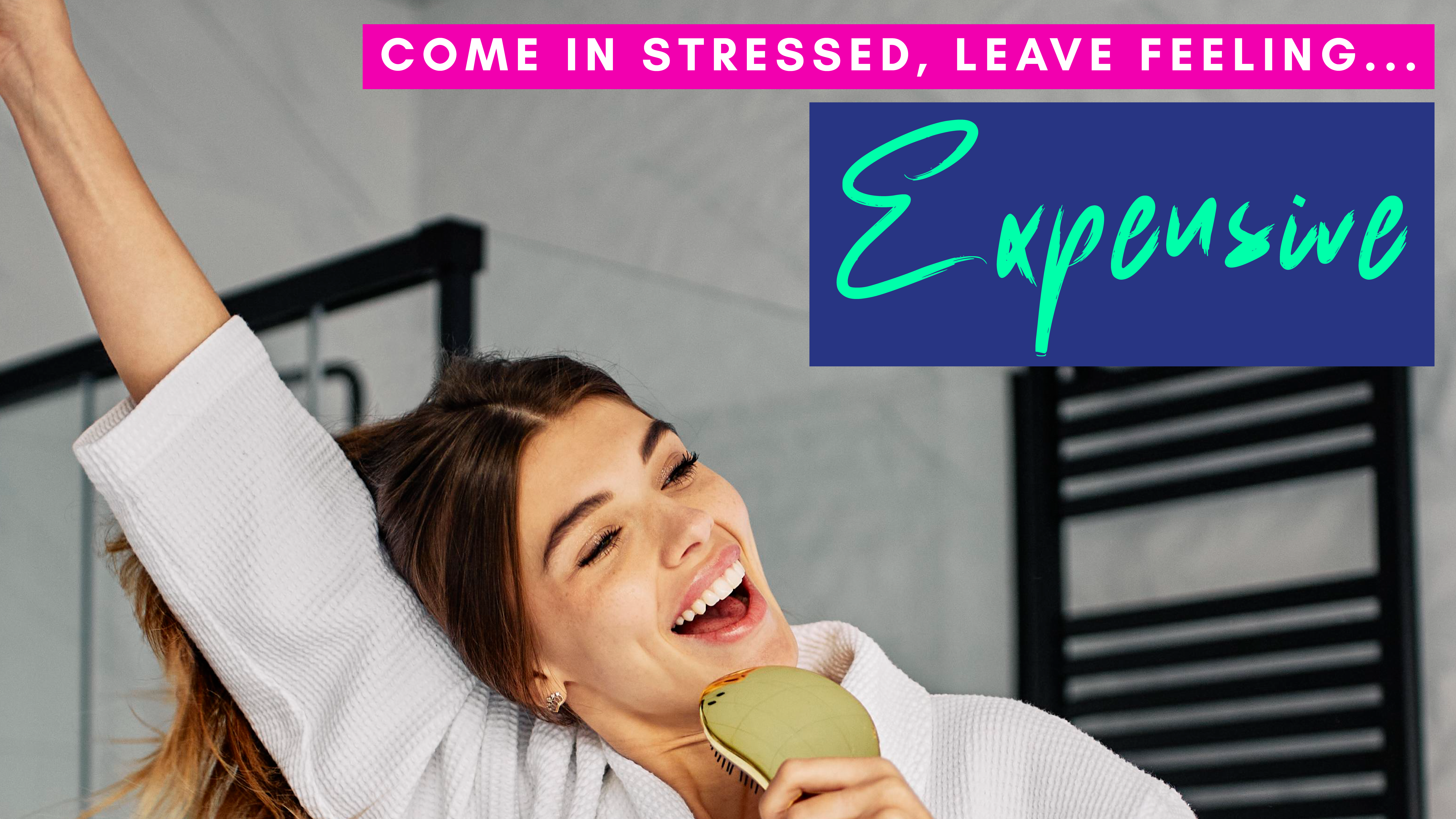 happy woman singing in bathroom with text message