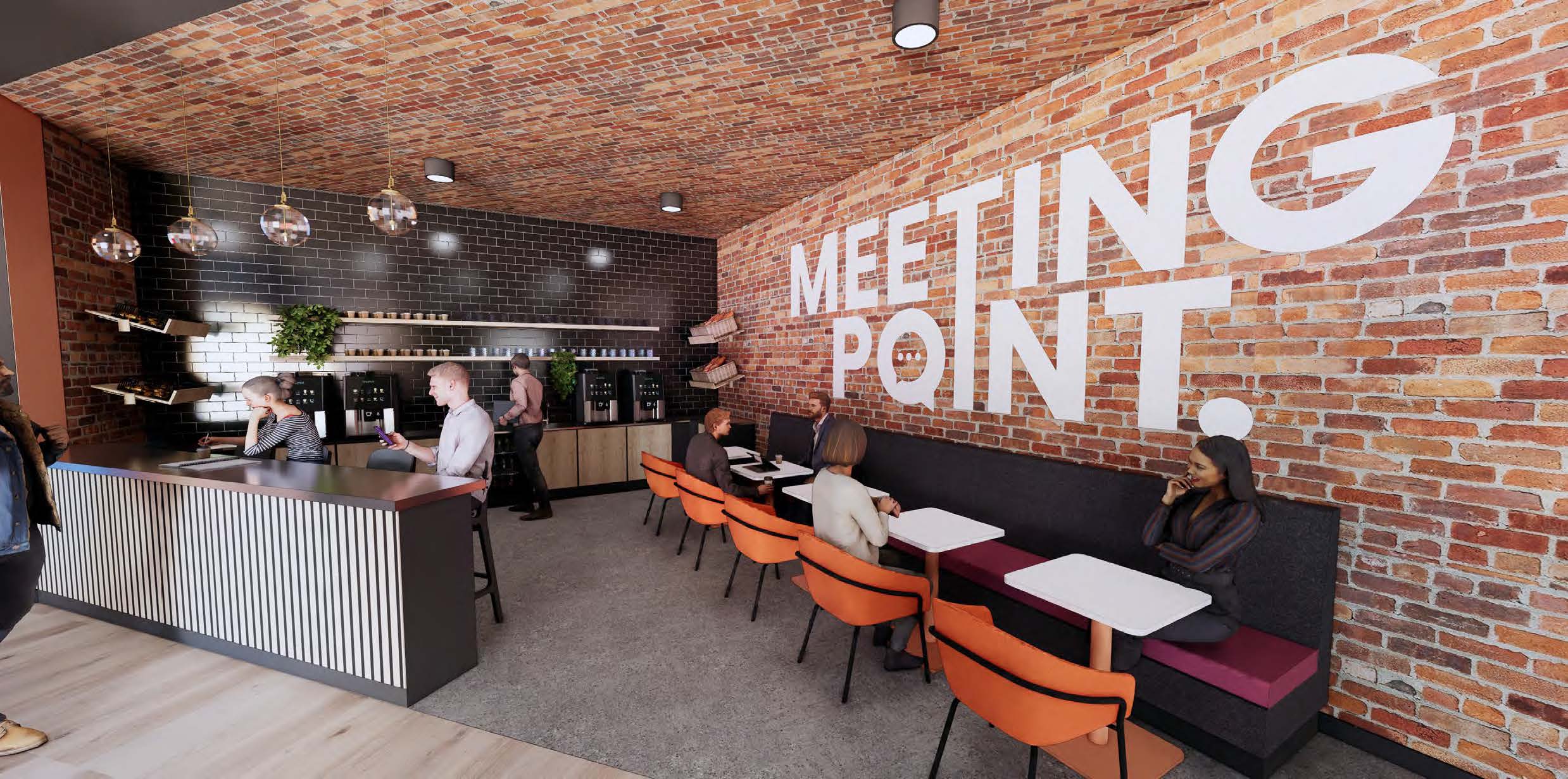 people sitting and chatting in orange chairs meeting point