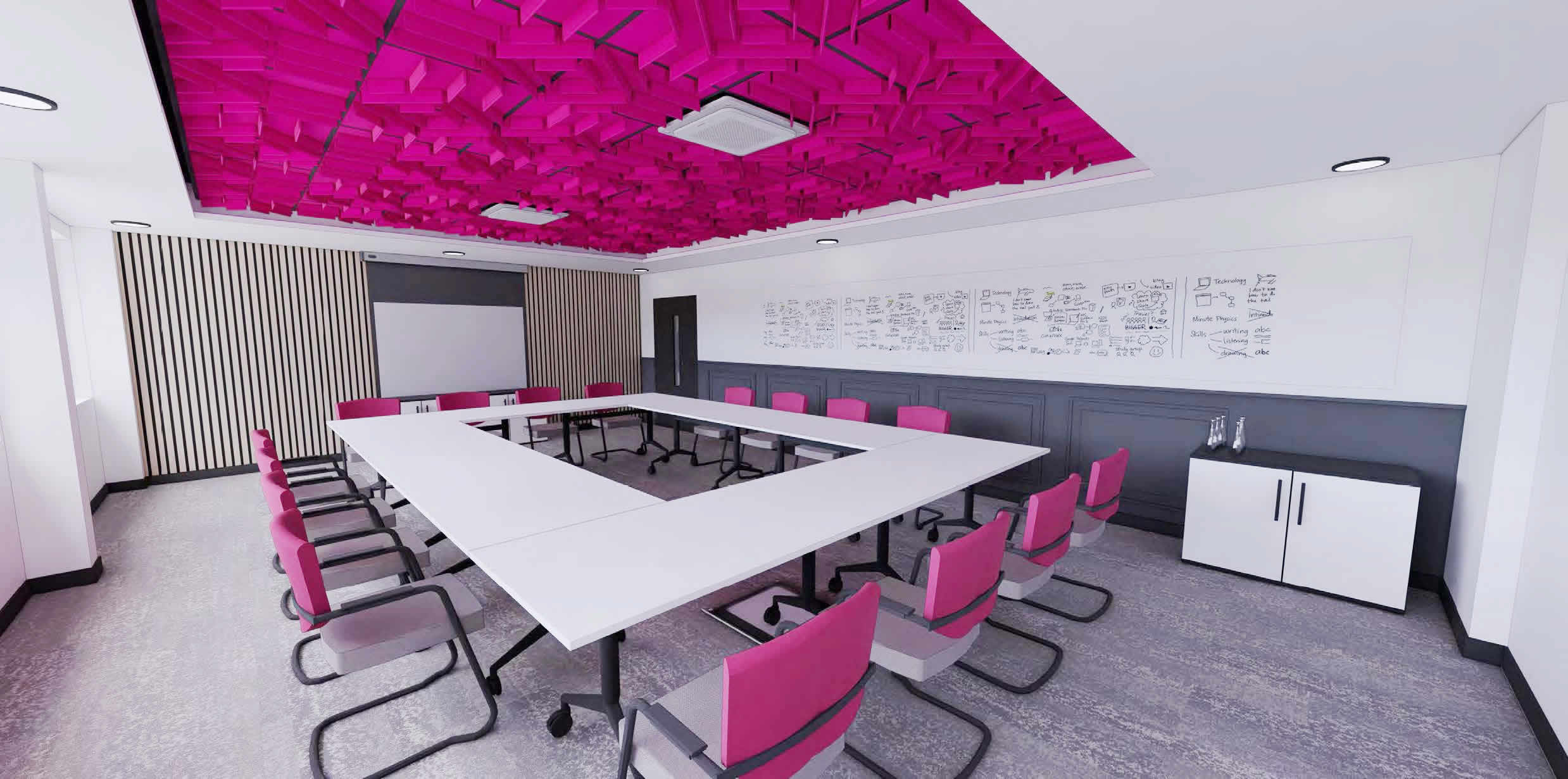 modern conference room with pink chairs and ceiling panels